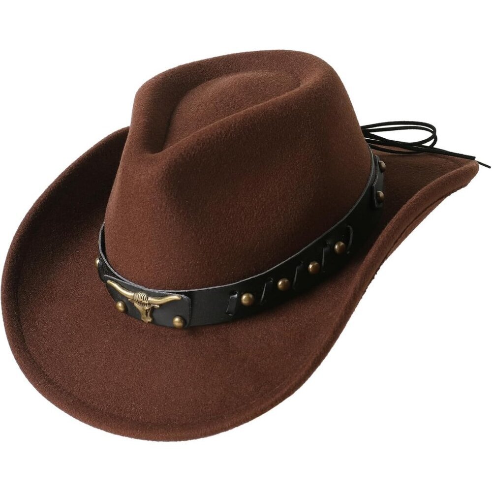 Kid's Brown Western Studded Leather Bull Skull Band Classic Fedora Cowboy Hat